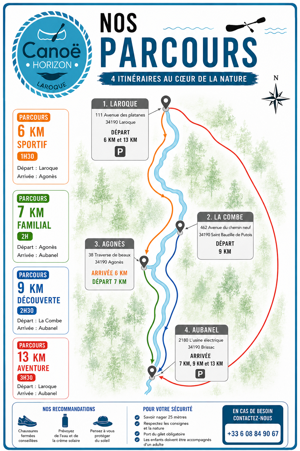 Carte des 4 parcours Canoë Horizon : 6 km Sportif (Laroque → Agonès), 7 km Familial (Agonès → Aubanel), 9 km Découverte (La Combe → Aubanel), 13 km Aventure (Laroque → Aubanel)